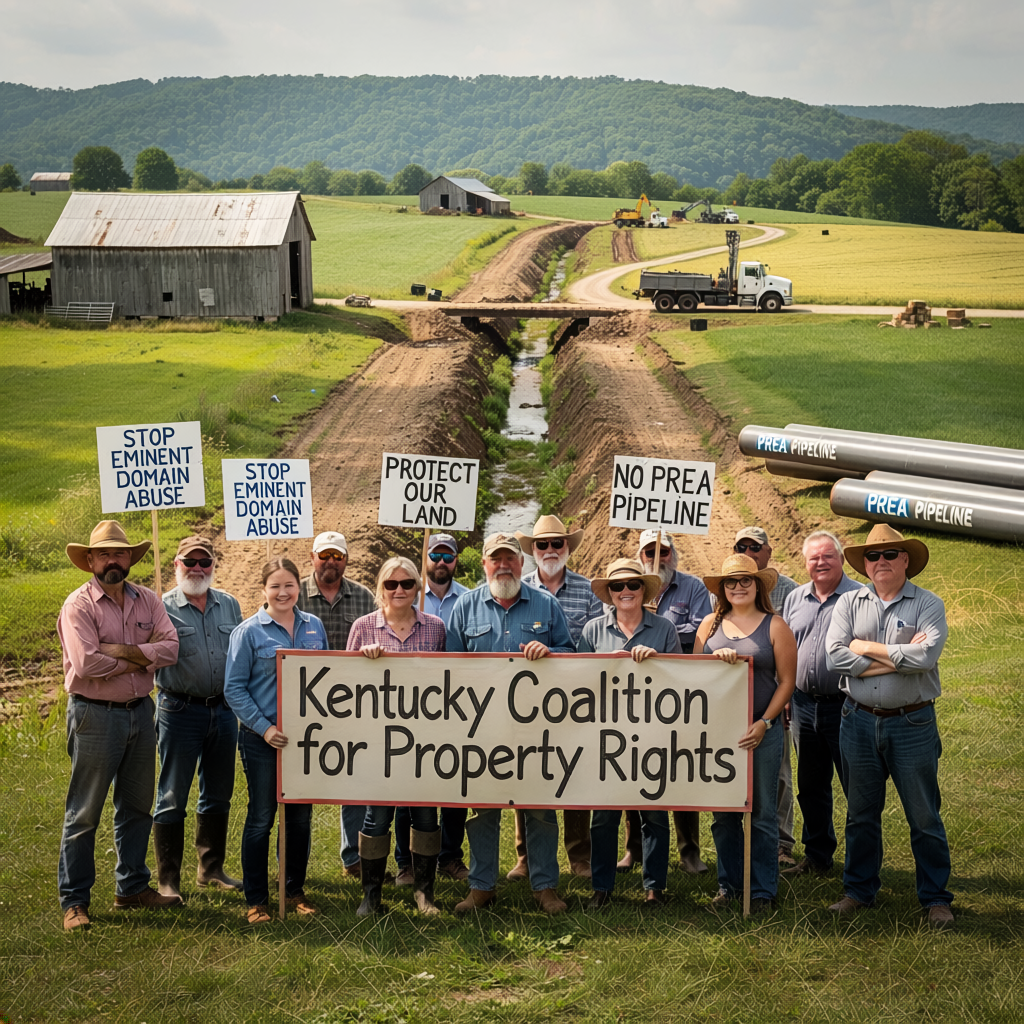 Kentucky landowners standing together behind a Kentucky Coalition for Property Rights banner beside a pipeline trench