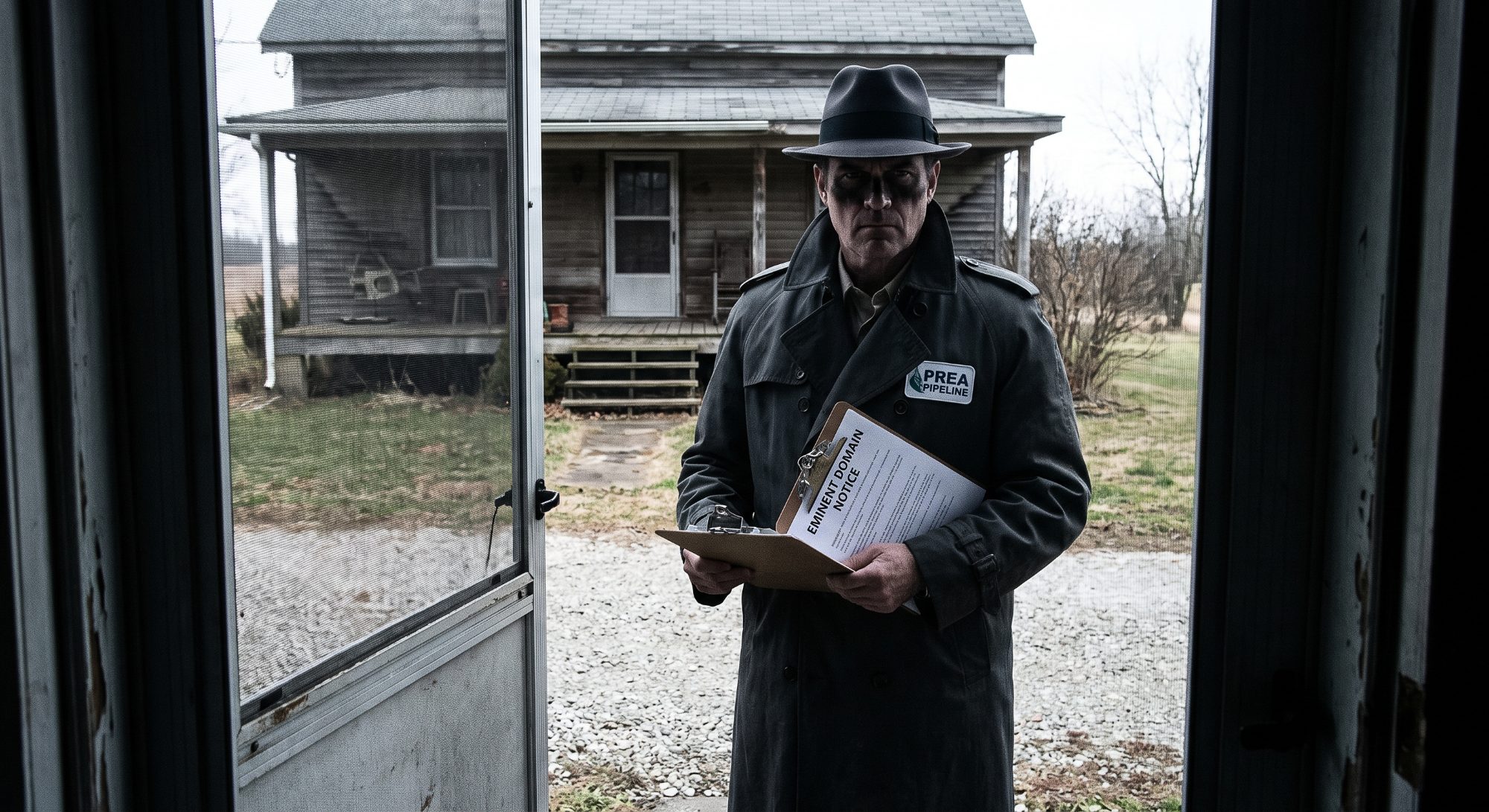 A PREA Pipeline agent in a trench coat standing at a farmhouse door holding an eminent domain notice