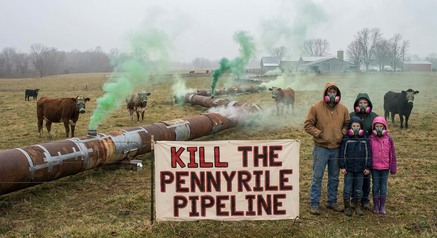 A Kentucky farm family in respirators standing beside exposed pipeline on their pasture behind a hand-painted banner reading Kill the Pennyrile Pipeline